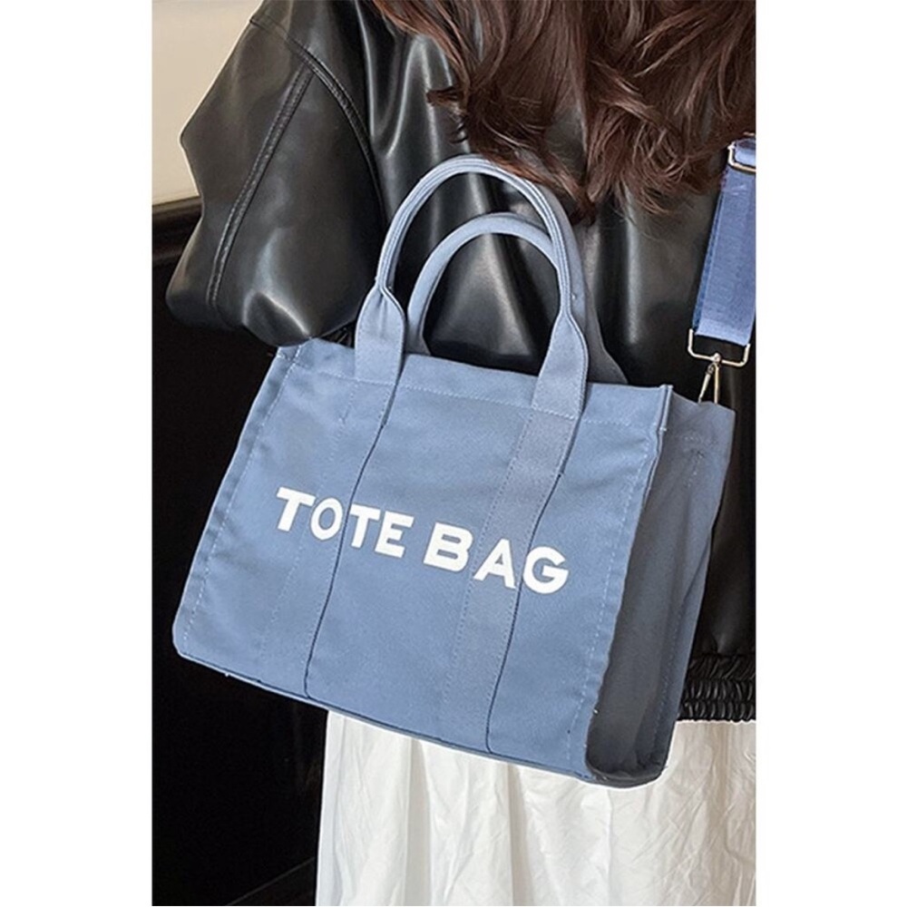 Zenana Outfitters Blue Canvas Tote Bag with Bold White Print